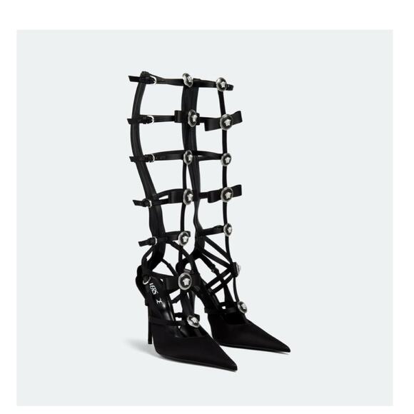 Versace Gianni Ribbon 37 US 7 Black Satin Knee High Cage Pumps Runway NIB $2,225 - Picture 1 of 15
